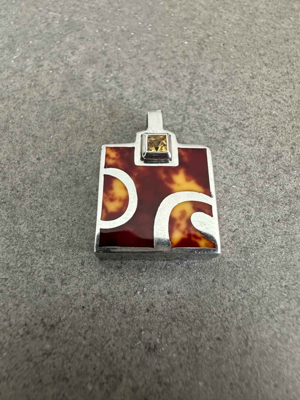 Fronay Stamped Square Tortoiseshell Sterling Silver Pendant with Amber Stone